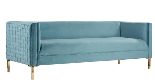 Homeroots 83" Teal Blue Velvet Sofa With Gold Legs   488837