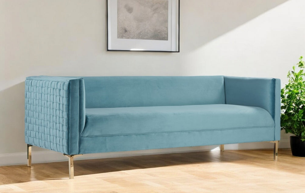 Homeroots 83" Teal Blue Velvet Sofa With Gold Legs   488837