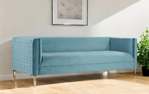 Homeroots 83" Teal Blue Velvet Sofa With Gold Legs   488837