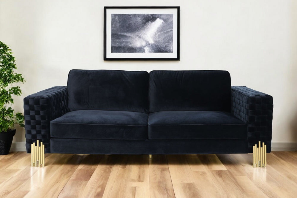 Homeroots 95" Black Velvet Sofa With Gold Legs   488838