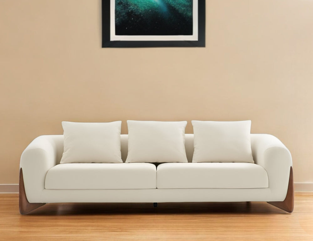 Homeroots 100" Cream Fabric Sofa With Wood Brown Legs   488842