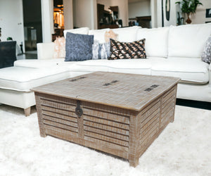 HomeRoots 40" Gray Distressed Solid Wood Square Lift-Top Coffee Table - Vintage Charm & Hidden Storage 488846