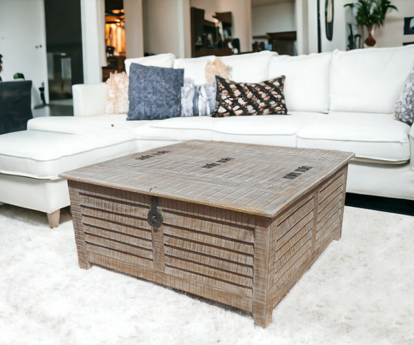 HomeRoots 40" Gray Distressed Solid Wood Square Lift-Top Coffee Table - Vintage Charm & Hidden Storage 488846