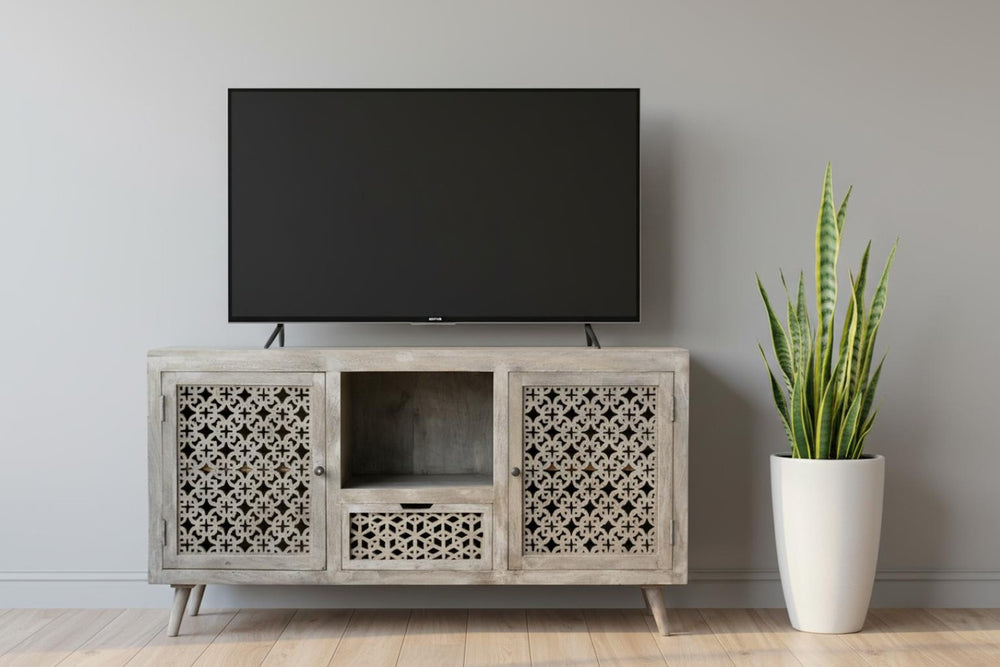 HomeRoots 55" Gray Solid Wood Cabinet - Rustic Enclosed Storage TV Stand for Versatile Home Organization 488848