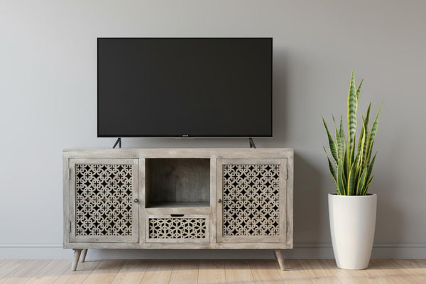 HomeRoots 55" Gray Solid Wood Cabinet - Rustic Enclosed Storage TV Stand for Versatile Home Organization 488848
