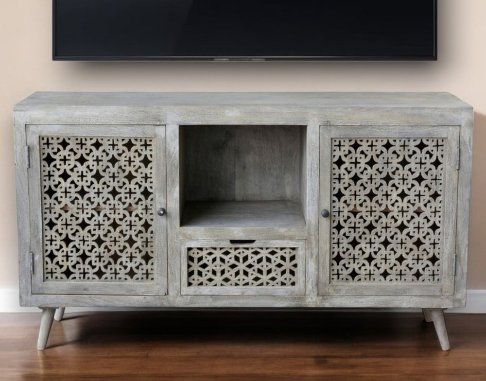 Homeroots 55" Gray Solid Wood Cabinet Enclosed Storage Worn Tv Stand  Solid Wood 488848