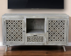 Homeroots 55" Gray Solid Wood Cabinet Enclosed Storage Worn Tv Stand  Solid Wood 488848