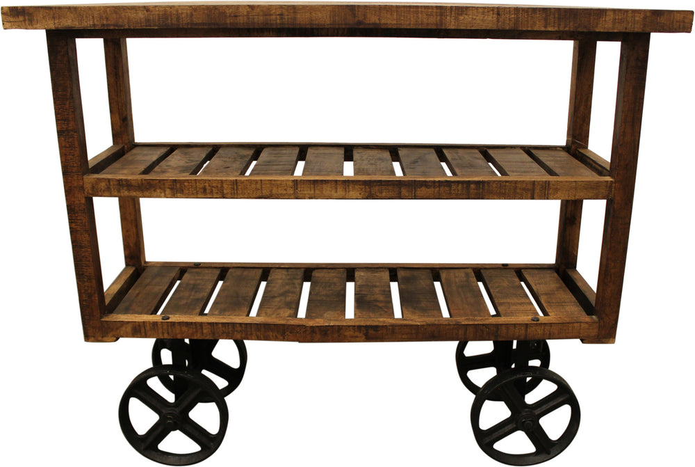 Homeroots 48" Brown And Black Solid Wood Distressed Wheel Console Table With Storage   488851