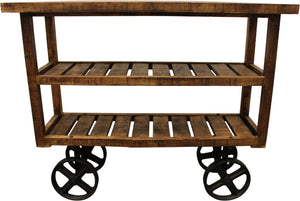 Homeroots 48" Brown And Black Solid Wood Distressed Wheel Console Table With Storage   488851