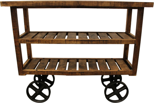 Homeroots 48" Brown And Black Solid Wood Distressed Wheel Console Table With Storage   488851