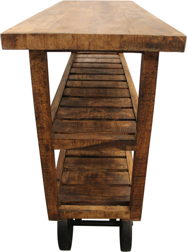 Homeroots 48" Brown And Black Solid Wood Distressed Wheel Console Table With Storage   488851