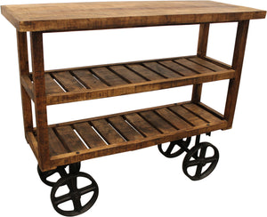 Homeroots 48" Brown And Black Solid Wood Distressed Wheel Console Table With Storage   488851