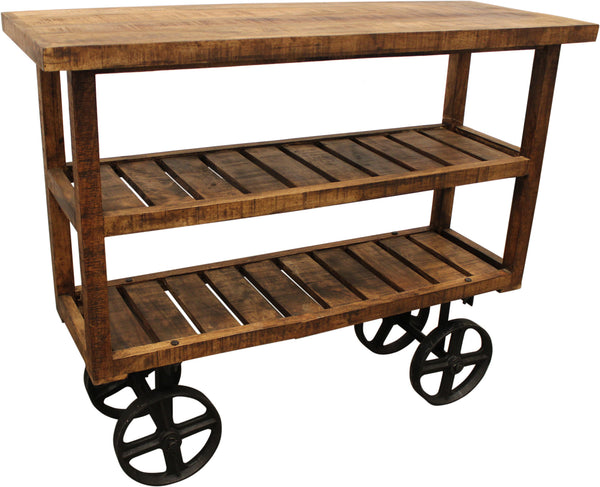 Homeroots 48" Brown And Black Solid Wood Distressed Wheel Console Table With Storage   488851