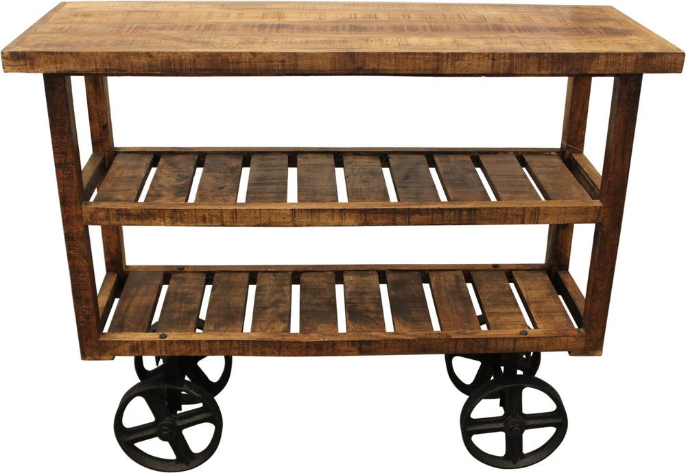 Homeroots 48" Brown And Black Solid Wood Distressed Wheel Console Table With Storage   488851