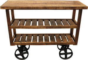 Homeroots 48" Brown And Black Solid Wood Distressed Wheel Console Table With Storage   488851