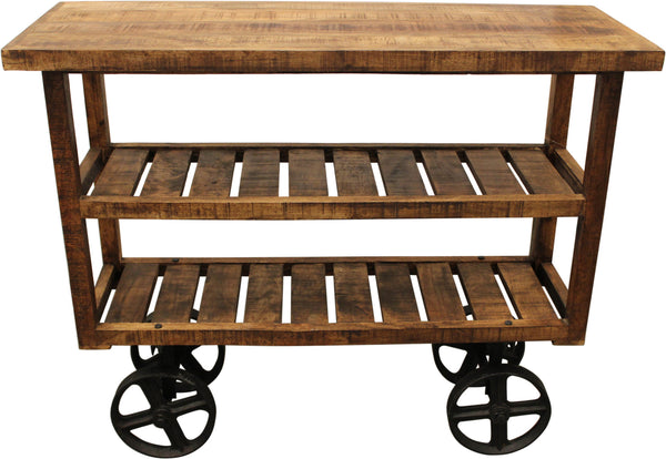 Homeroots 48" Brown And Black Solid Wood Distressed Wheel Console Table With Storage   488851