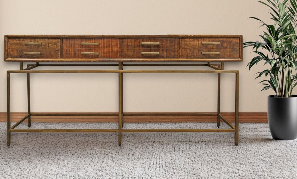 HomeRoots 72" Distressed Brown Console Table with Brass Legs, Four Drawers - Perfect for Entryway or Living Room 488852