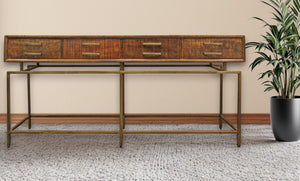 HomeRoots 72" Distressed Brown Console Table with Brass Legs, Four Drawers - Perfect for Entryway or Living Room 488852