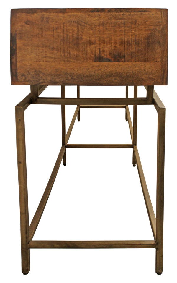 Homeroots 72" Brown And Brass Solid Wood Distressed Frame Console Table With Storage   488852