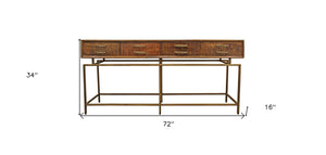 Homeroots 72" Brown And Brass Solid Wood Distressed Frame Console Table With Storage   488852