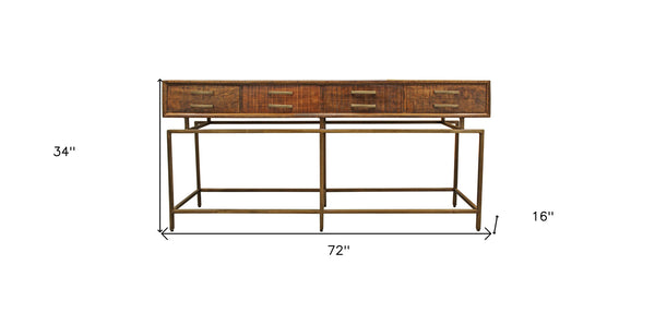 Homeroots 72" Brown And Brass Solid Wood Distressed Frame Console Table With Storage   488852