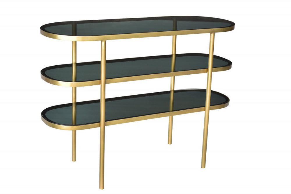 Homeroots 46" Black And Gold Glass Oval Console Table With Storage   488853