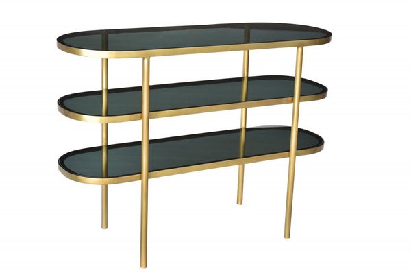 Homeroots 46" Black And Gold Glass Oval Console Table With Storage   488853