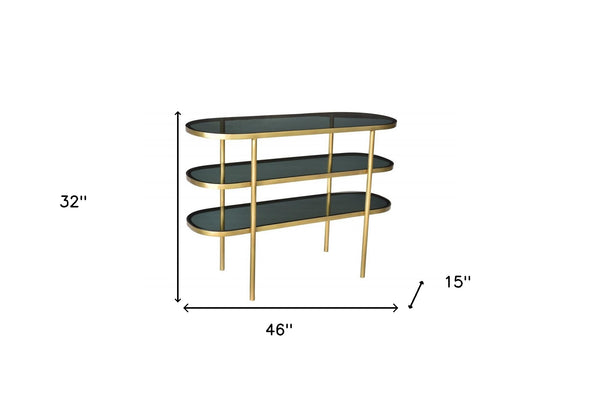 Homeroots 46" Black And Gold Glass Oval Console Table With Storage   488853