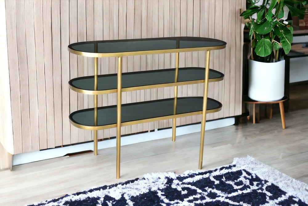Homeroots 46" Black And Gold Glass Oval Console Table With Storage   488853