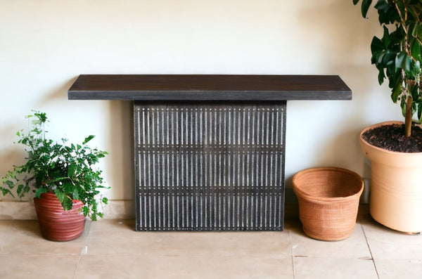 Homeroots 54" Brown Solid Wood Distressed Pedestal Console Table   488854