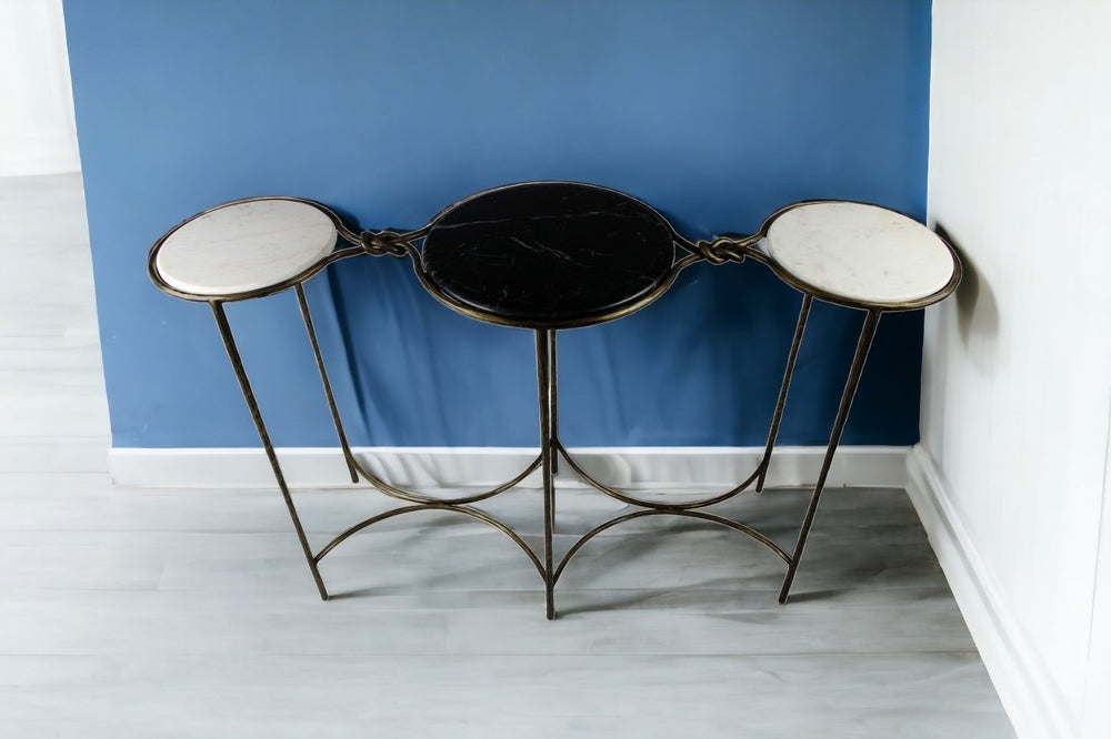 Homeroots 50" Black And White And Gold Genuine Marble Round Frame Console Table   488858