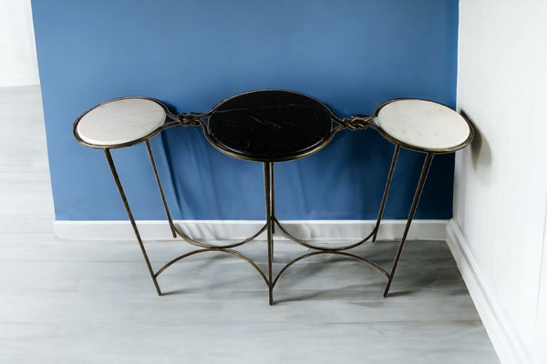 Homeroots 50" Black And White And Gold Genuine Marble Round Frame Console Table   488858