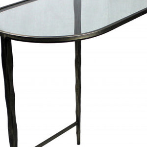 HomeRoots Set of Two Elegant Half-Circle Console Tables with Black Glass, Marble Top & Sturdy Iron Base 488859