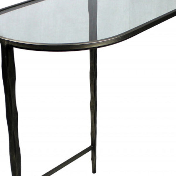 HomeRoots Set of Two Elegant Half-Circle Console Tables with Black Glass, Marble Top & Sturdy Iron Base 488859