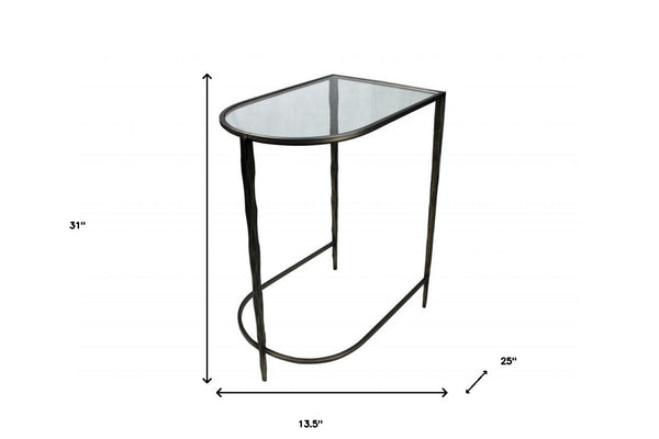 HomeRoots Set of Two Elegant Half-Circle Console Tables with Black Glass, Marble Top & Sturdy Iron Base 488859