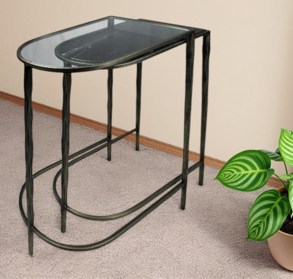 HomeRoots Set of Two Elegant Half-Circle Console Tables with Black Glass, Marble Top & Sturdy Iron Base 488859