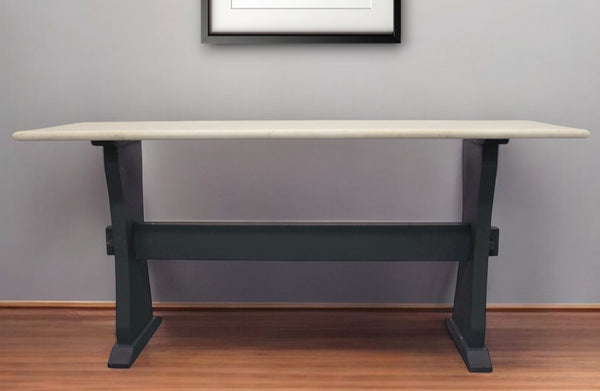 Homeroots 70" Ivory And Black Genuine Marble Trestle Console Table   488860