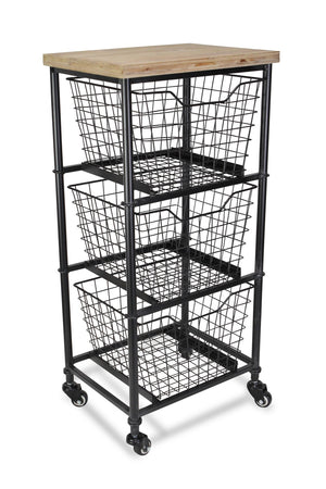 HomeRoots 32" Stylish Black & Natural Rolling Cabinet with Metal Wire Baskets for Chic Storage Solutions 488861