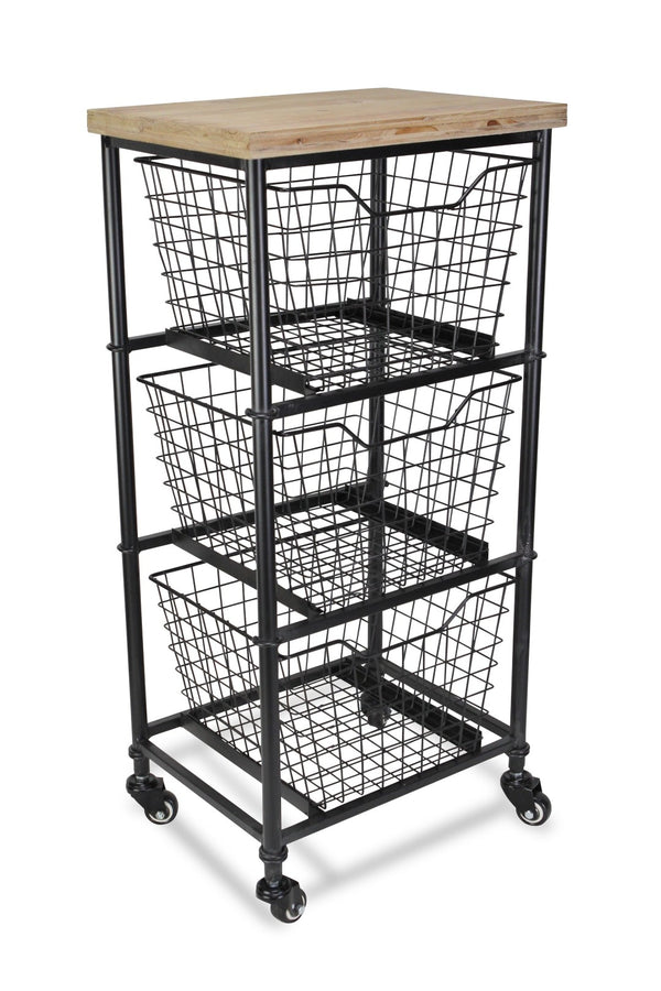 HomeRoots 32" Stylish Black & Natural Rolling Cabinet with Metal Wire Baskets for Chic Storage Solutions 488861