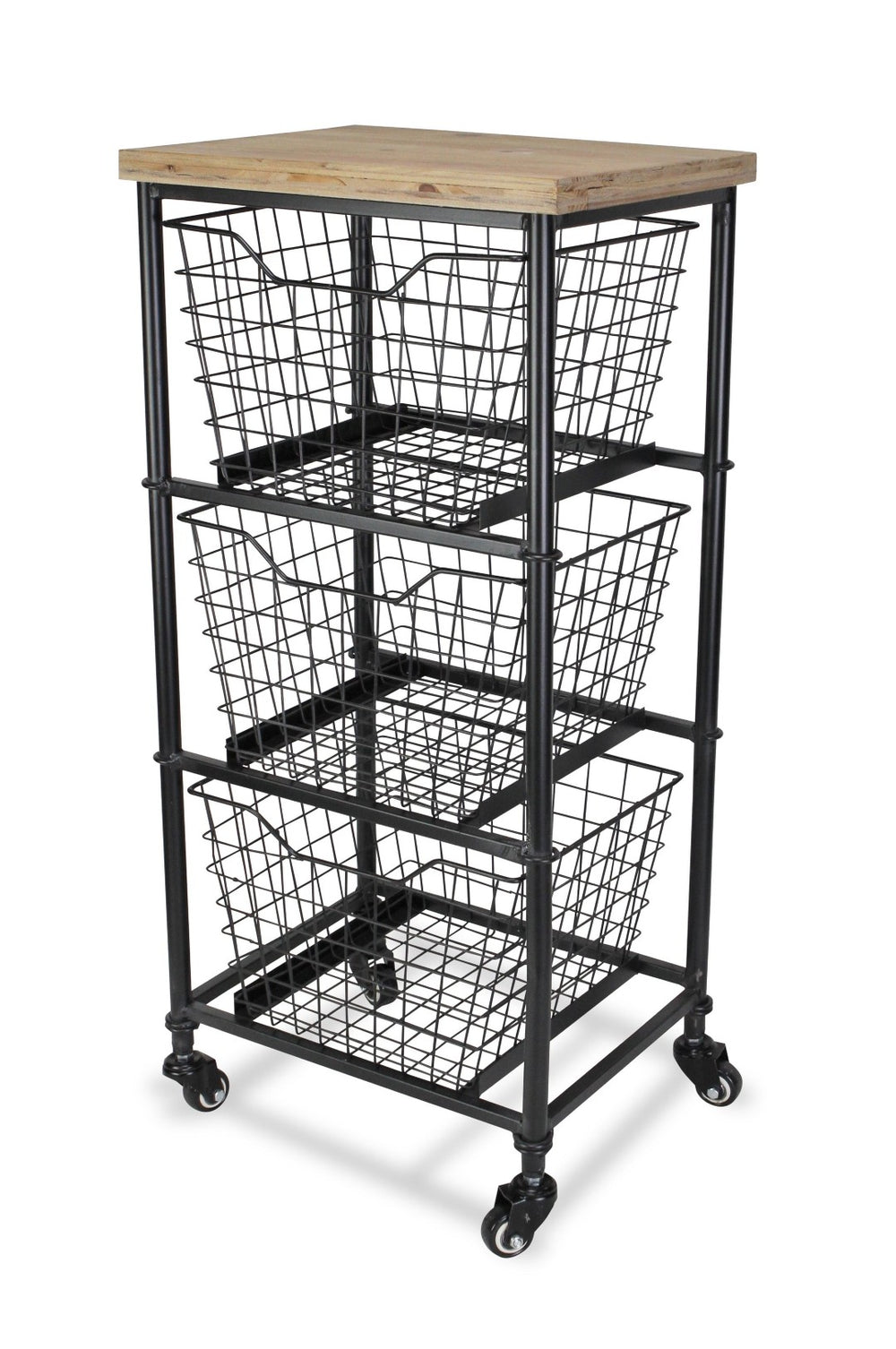 HomeRoots 32" Stylish Black & Natural Rolling Cabinet with Metal Wire Baskets for Chic Storage Solutions 488861