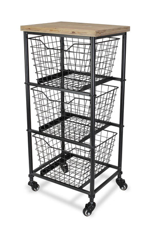 HomeRoots 32" Stylish Black & Natural Rolling Cabinet with Metal Wire Baskets for Chic Storage Solutions 488861