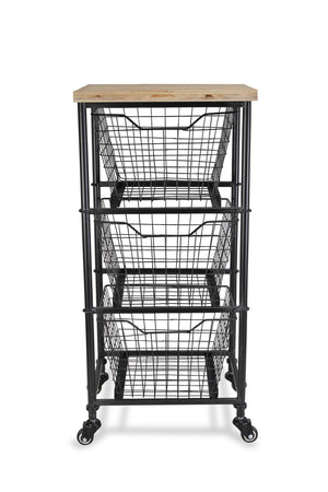 HomeRoots 32" Stylish Black & Natural Rolling Cabinet with Metal Wire Baskets for Chic Storage Solutions 488861