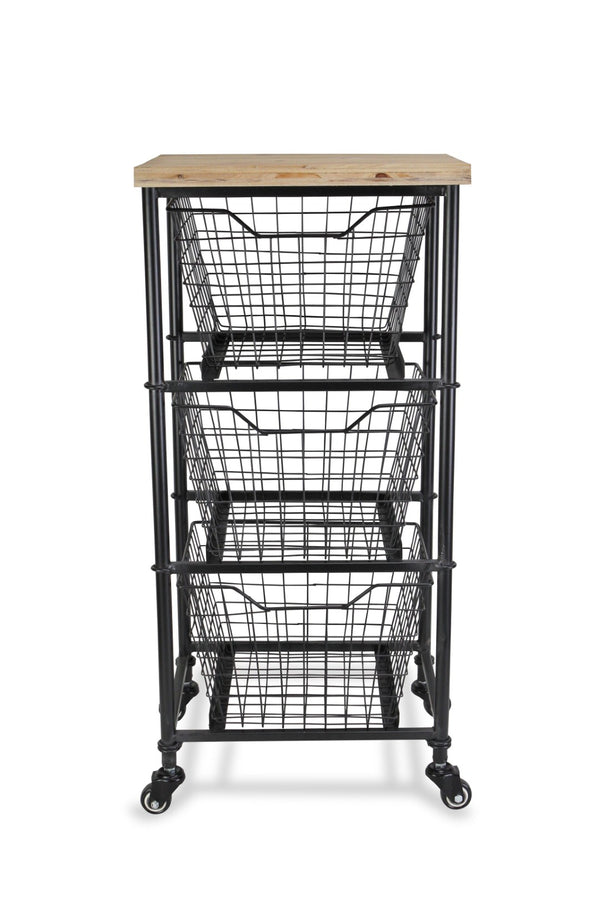 HomeRoots 32" Stylish Black & Natural Rolling Cabinet with Metal Wire Baskets for Chic Storage Solutions 488861
