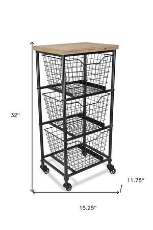 HomeRoots 32" Stylish Black & Natural Rolling Cabinet with Metal Wire Baskets for Chic Storage Solutions 488861