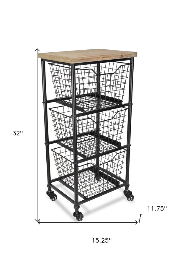 HomeRoots 32" Stylish Black & Natural Rolling Cabinet with Metal Wire Baskets for Chic Storage Solutions 488861