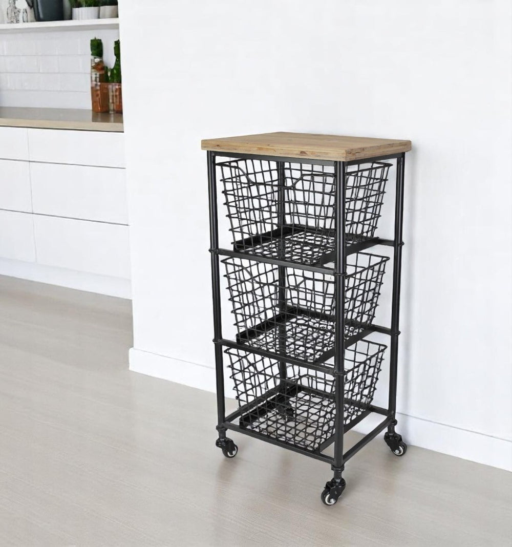 HomeRoots 32" Stylish Black & Natural Rolling Cabinet with Metal Wire Baskets for Chic Storage Solutions 488861