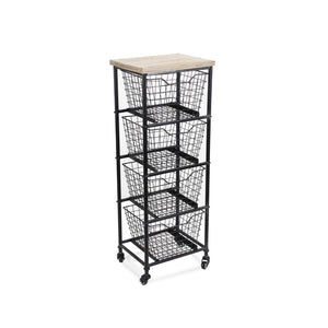 HomeRoots 41" Stylish Black Metal and Weathered Wood Rolling Storage Cabinet with 4 Baskets for Organizing 488862