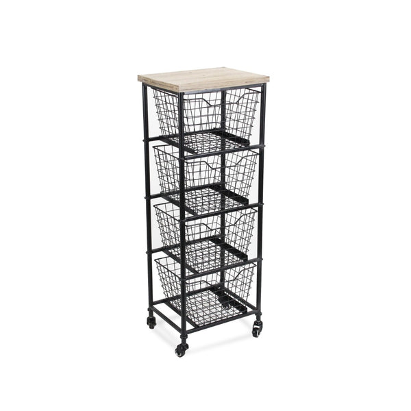 HomeRoots 41" Stylish Black Metal and Weathered Wood Rolling Storage Cabinet with 4 Baskets for Organizing 488862