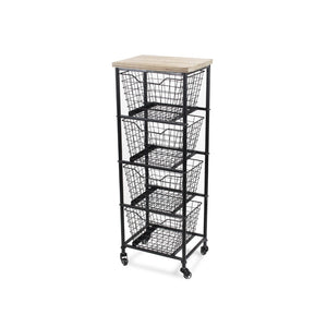 HomeRoots 41" Stylish Black Metal and Weathered Wood Rolling Storage Cabinet with 4 Baskets for Organizing 488862
