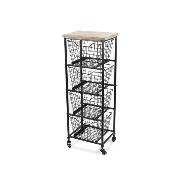 HomeRoots 41" Stylish Black Metal and Weathered Wood Rolling Storage Cabinet with 4 Baskets for Organizing 488862